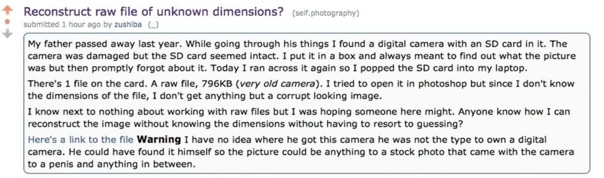 Reconstruct raw file of unknown dimensions? _ photography